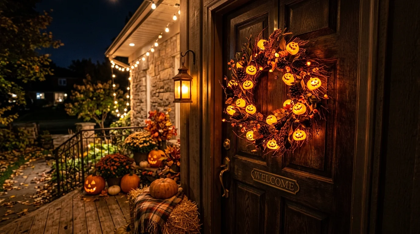 A glowing wreath featuring LED-lit jack-o’-lantern faces, warm orange illumination, festive night porch setting, inviting yet spooky mood, no people