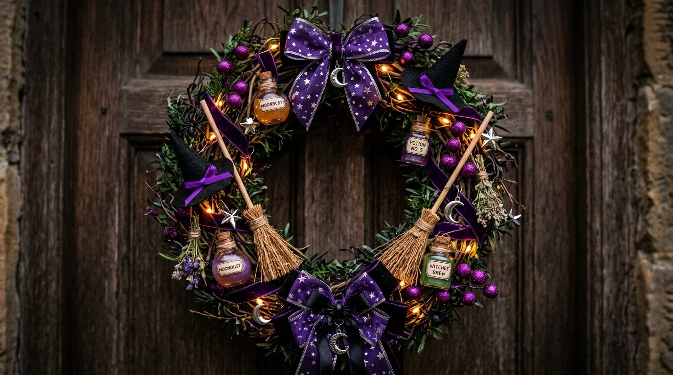 A witch-themed wreath with miniature broomsticks, black hats, potion bottle charms, and purple accents, magical Halloween vibe, soft glowing lighting, no people