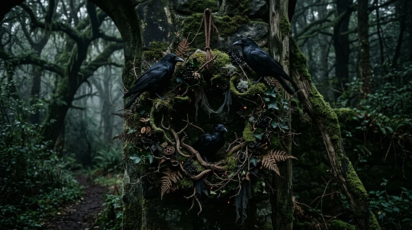 A haunted forest-inspired wreath with moss-covered branches, ravens, and dark greenery, cinematic moody lighting, eerie natural aesthetic, no people