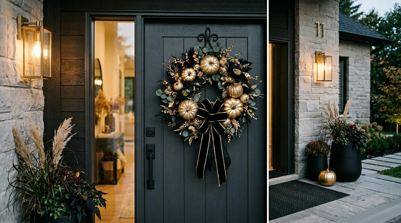 A glam Halloween wreath with gold-painted pumpkins, black velvet ribbon, and metallic accents, elegant modern front door, soft stylish lighting, no people