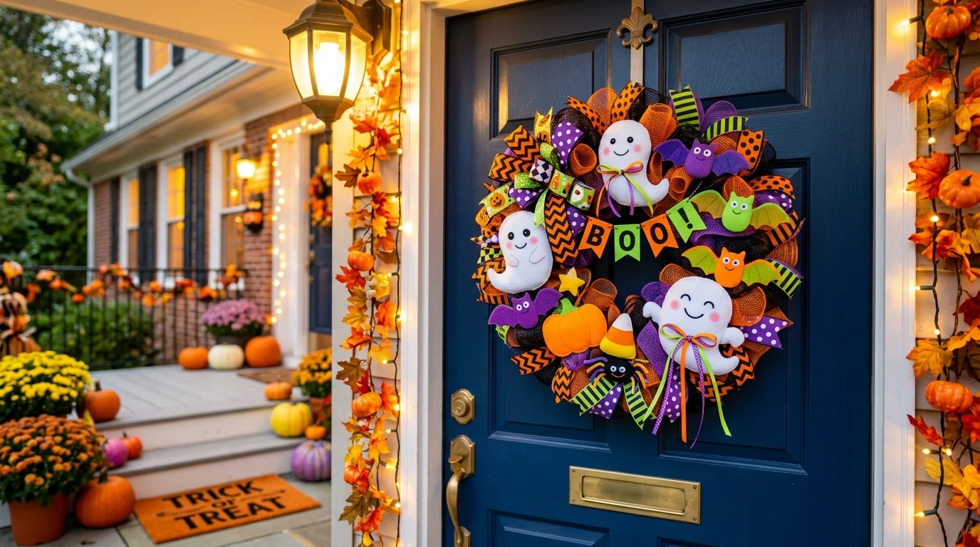 A kids-friendly Halloween wreath with cartoon ghosts, colorful felt decorations, and playful patterns, bright cheerful porch lighting, festive atmosphere, no people