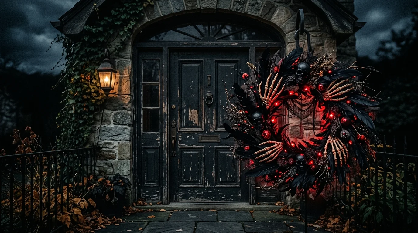 A layered spooky wreath combining skeleton hands, black feathers, and glowing red accents, dramatic horror aesthetic, nighttime front door scene, no people