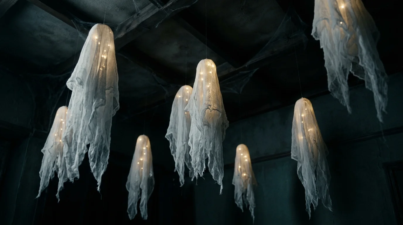 A haunted ceiling setup with floating ghost decorations made of white fabric, subtle LED lights inside, dark room ambiance, eerie floating effect, cinematic lighting, no people