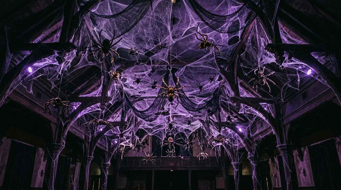 A Halloween ceiling filled with dangling spider webs, oversized fake spiders, and moody purple lighting, creepy atmospheric effect, wide interior shot from below, no people