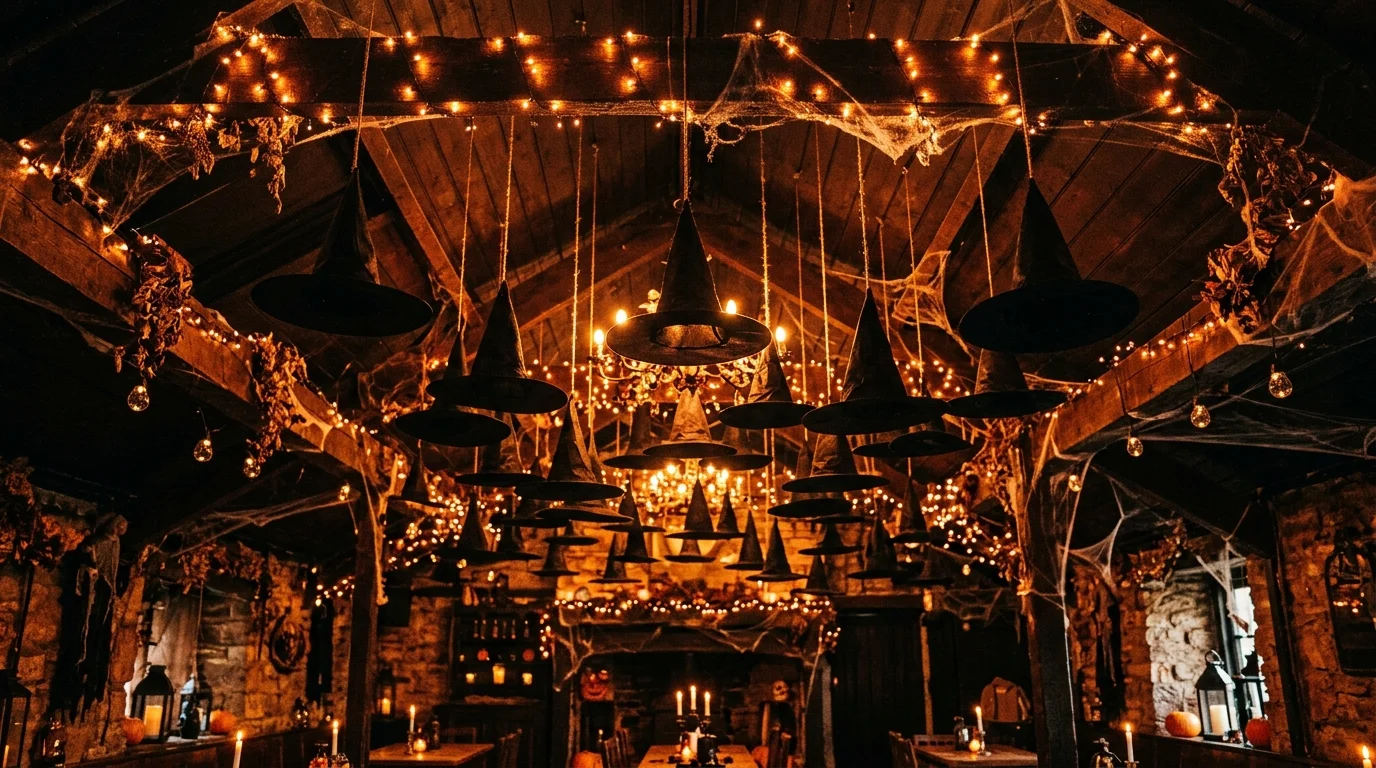 A dramatic ceiling display with hanging witch hats suspended at different heights, warm orange glow lighting, cozy yet spooky party atmosphere, no people