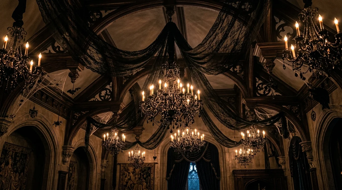 A gothic Halloween ceiling with black lace drapes, chandeliers with flickering candle-style bulbs, and dark moody shadows, elegant haunted mansion vibe, no people