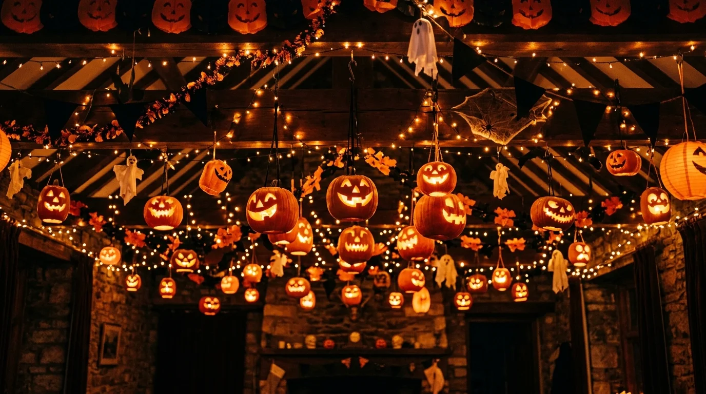 A playful Halloween ceiling decorated with floating jack-o’-lantern lanterns, glowing faces, and warm amber lights, festive and fun spooky mood, no people