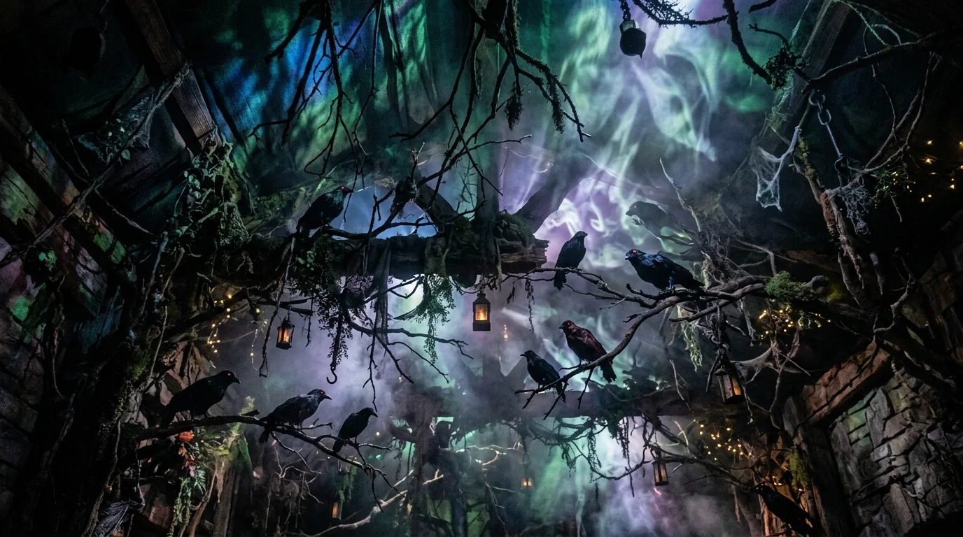 A haunted forest-themed ceiling with hanging branches, fake ravens, and foggy light projections, dark immersive atmosphere, cinematic overhead view, no people