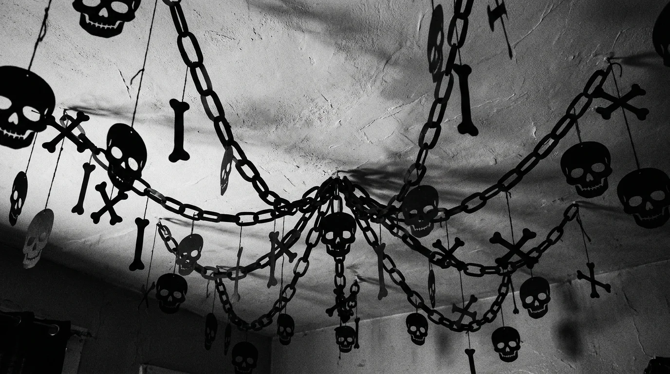 A DIY Halloween ceiling with dangling paper skulls, bones, and chains, monochrome black-and-white palette, stark horror aesthetic, no people