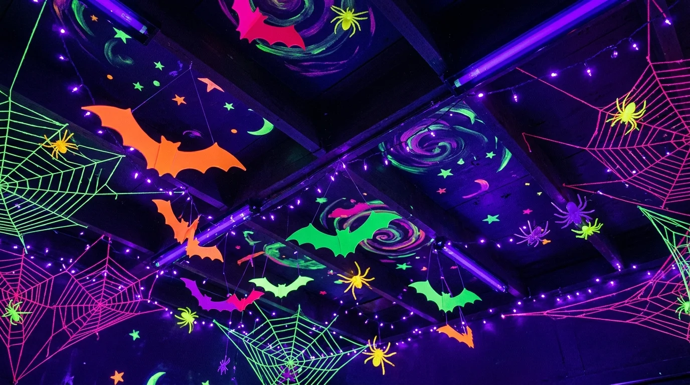 A glowing neon Halloween ceiling with UV-reactive bats, spiders, and webs, blacklight effect creating vivid glowing accents, party atmosphere, no people