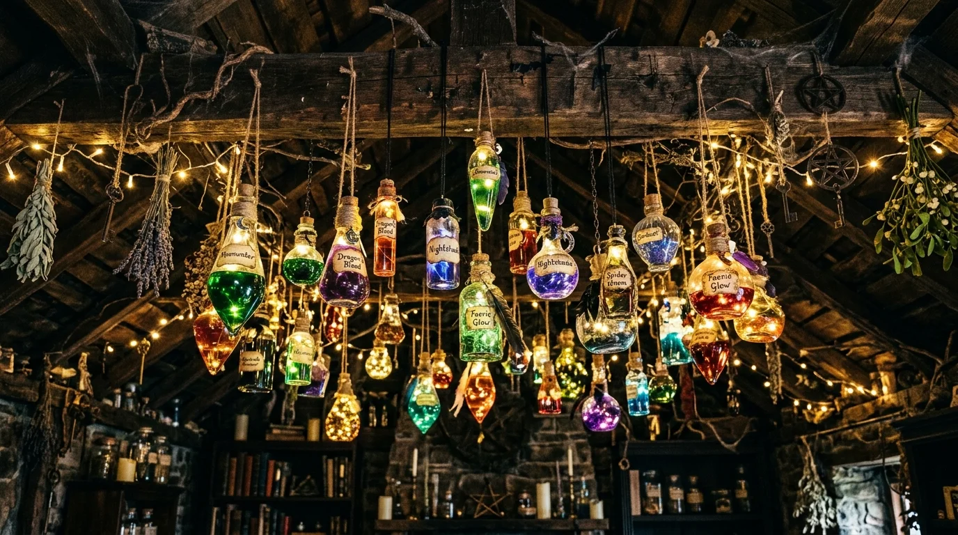A whimsical spooky ceiling with hanging potion bottles filled with colored liquid, glowing LED lights inside, magical witchy aesthetic, no people