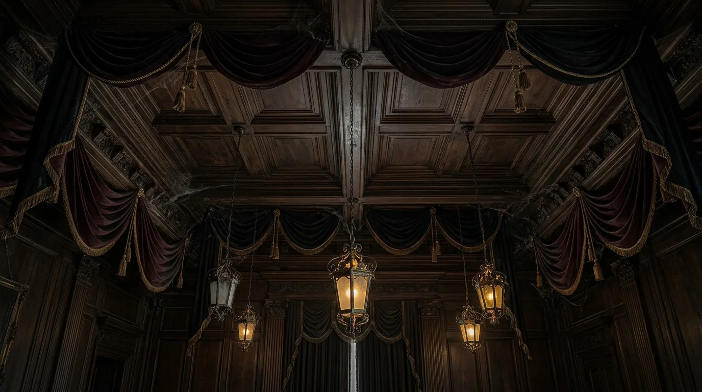 A Victorian haunted ceiling with ornate dark fabric draping, antique lanterns, and subtle flickering candlelight effect, eerie elegant atmosphere, no people