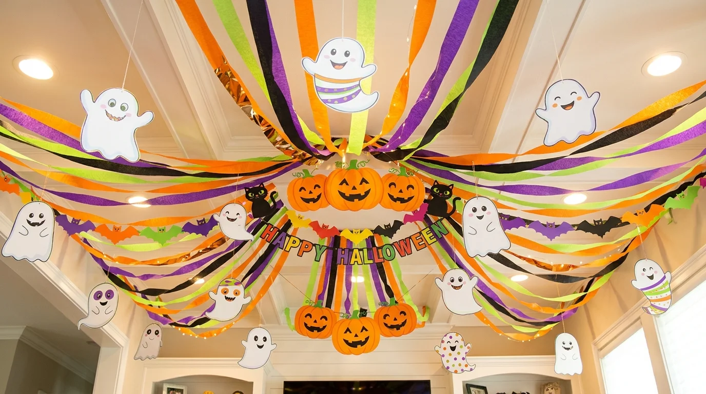 A kids-friendly Halloween ceiling with colorful cartoon ghosts, smiling pumpkins, and bright festive streamers, cheerful spooky vibe, no people