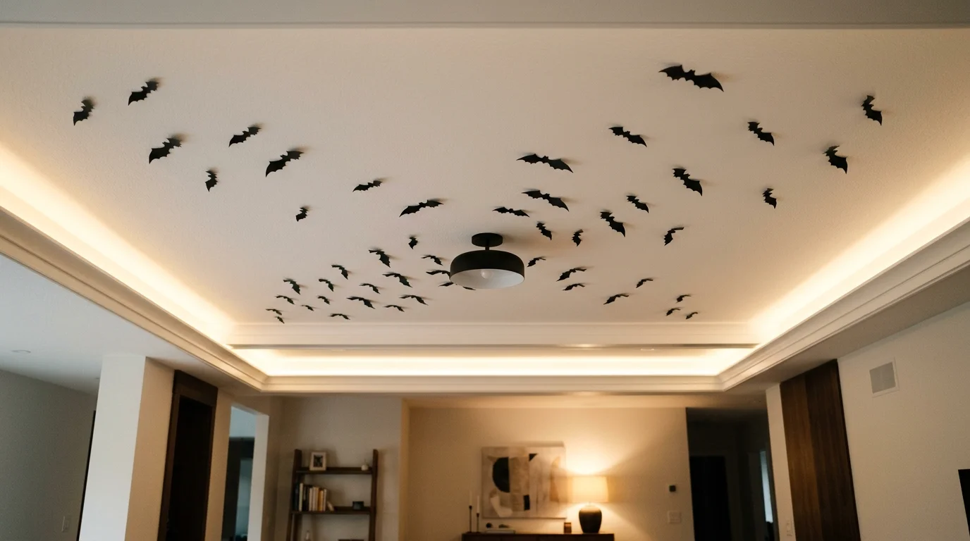 A minimalist Halloween ceiling with subtle black paper bats scattered across a white ceiling, soft ambient lighting, clean modern spooky design, no people