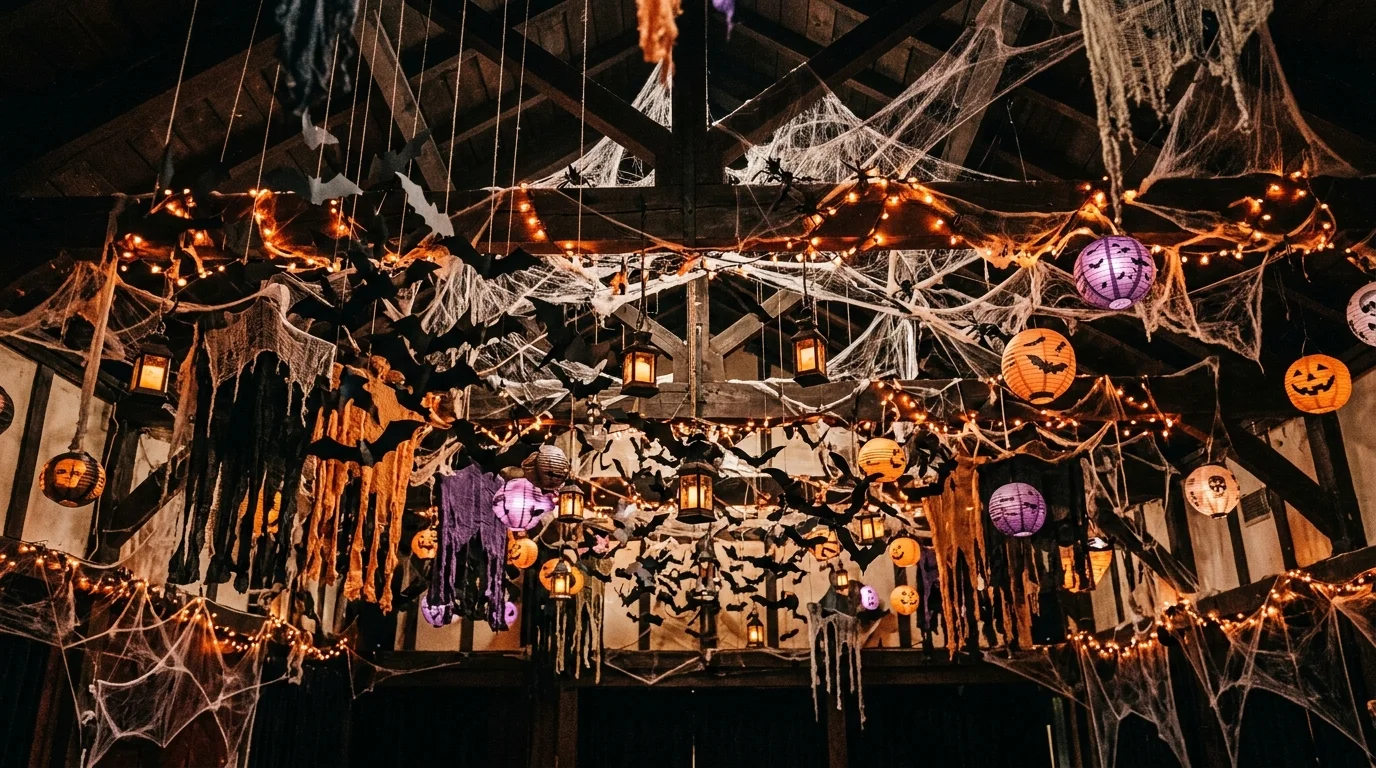 A dramatic party ceiling with layered hanging decorations—bats, webs, lanterns, and string lights creating a dense haunted overhead effect, immersive Halloween atmosphere, no people