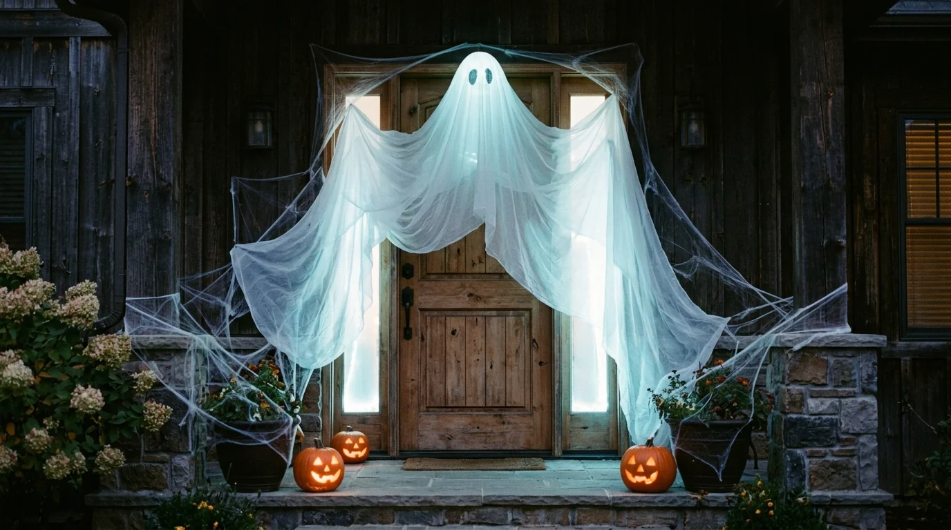 A door decorated with a large ghost figure made from white fabric flowing over the frame soft eerie lighting spooky welcoming vibe no people