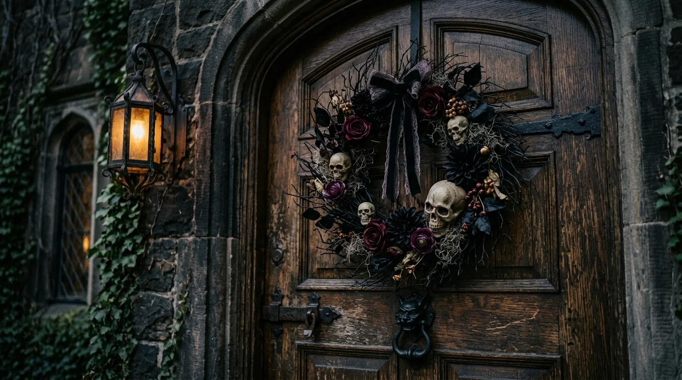 A Halloween wreath made of black branches skulls and dark florals mounted on a wooden door soft dim lighting gothic haunted style no people