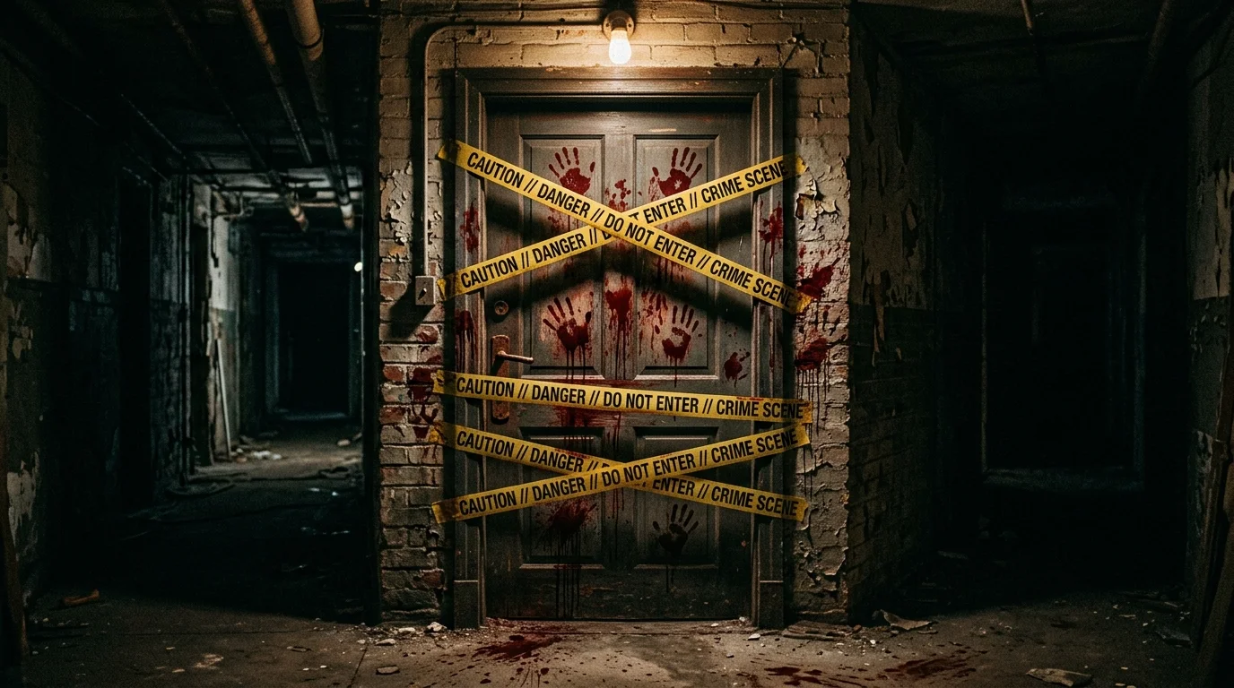 A door wrapped in caution tape with bloody handprint decals and splatter effects dramatic lighting intense horror theme no people