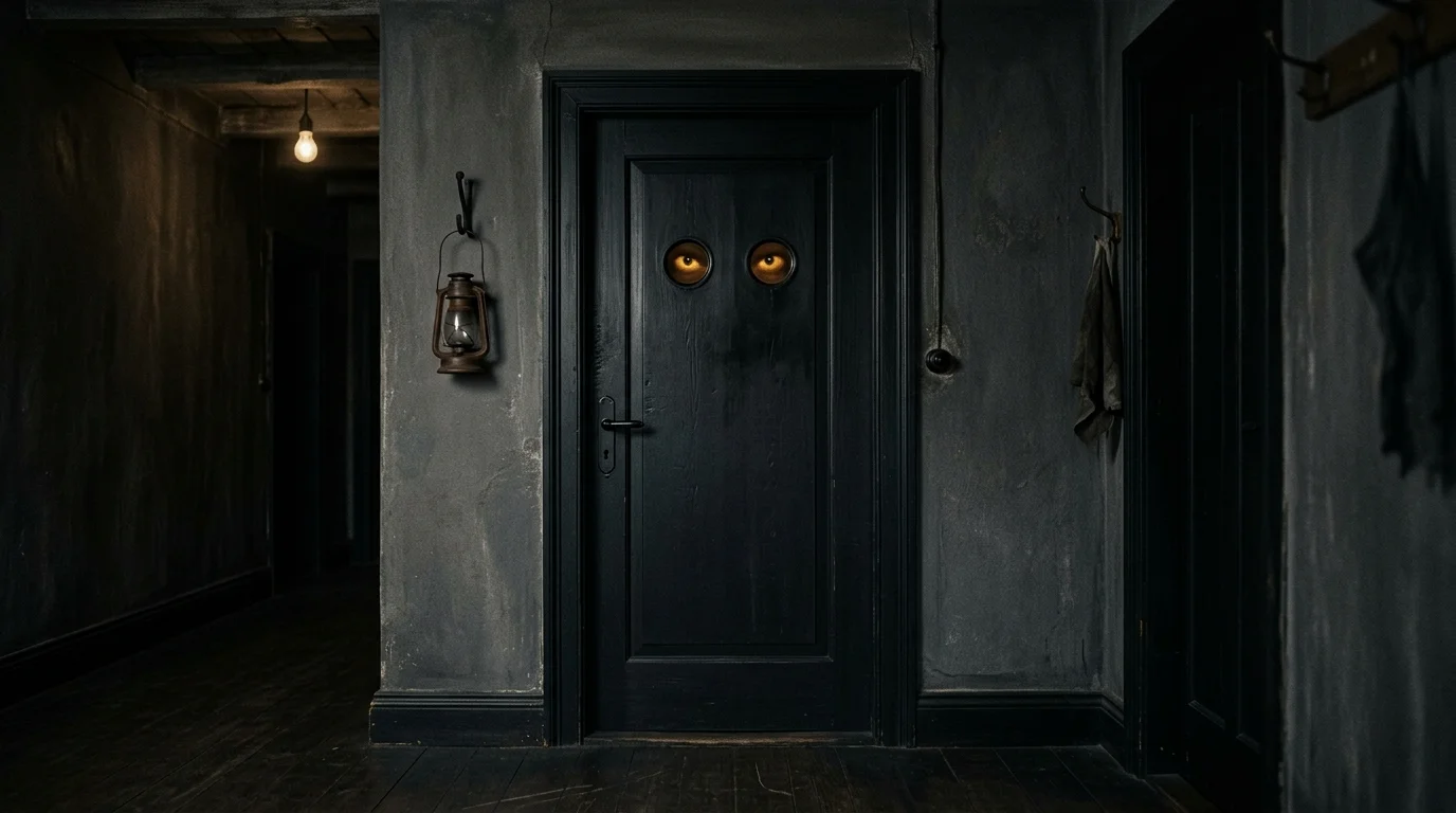 A minimalist black door with glowing eyes cutouts peeking through the center dim lighting simple yet eerie decor no people