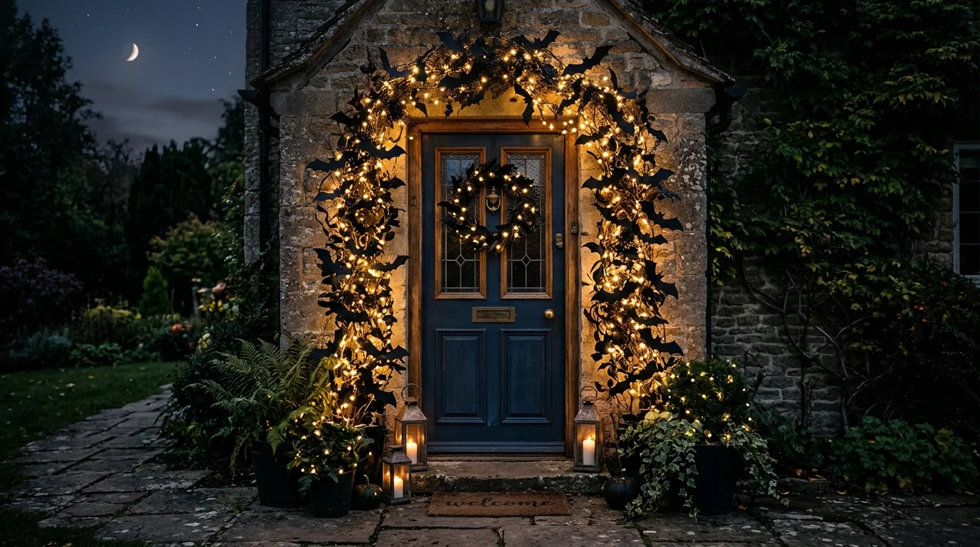 A front door framed with a garland of bats and glowing string lights creating a flying effect soft ambient lighting magical spooky atmosphere no people