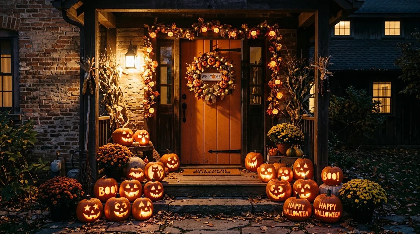A pumpkin themed door with carved pumpkins placed around the base and a matching wreath warm candlelight cozy spooky charm no people