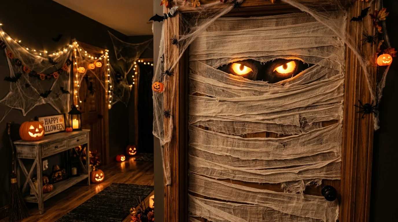 A door turned into a mummy design using wrapped gauze with glowing eyes behind the layers soft dim lighting playful Halloween look no people