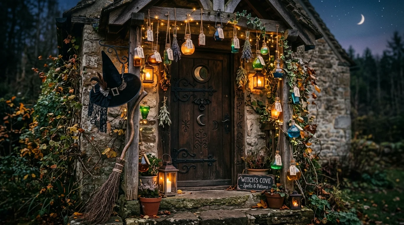 A witch themed door with a hat broom and hanging potion bottles arranged around the frame soft lighting whimsical spooky decor no people