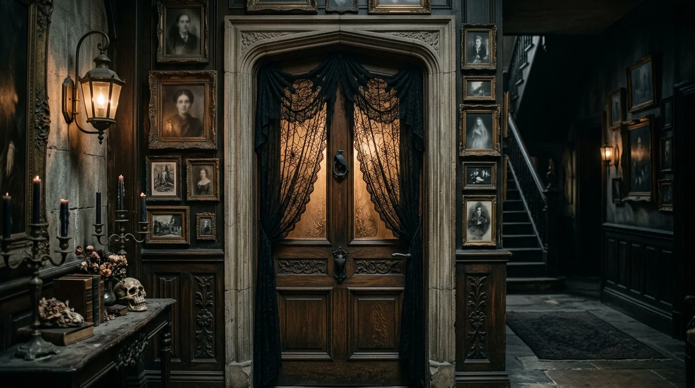 A door decorated with black lace curtains and antique frames creating a haunted mansion look soft eerie lighting elegant spooky style no people