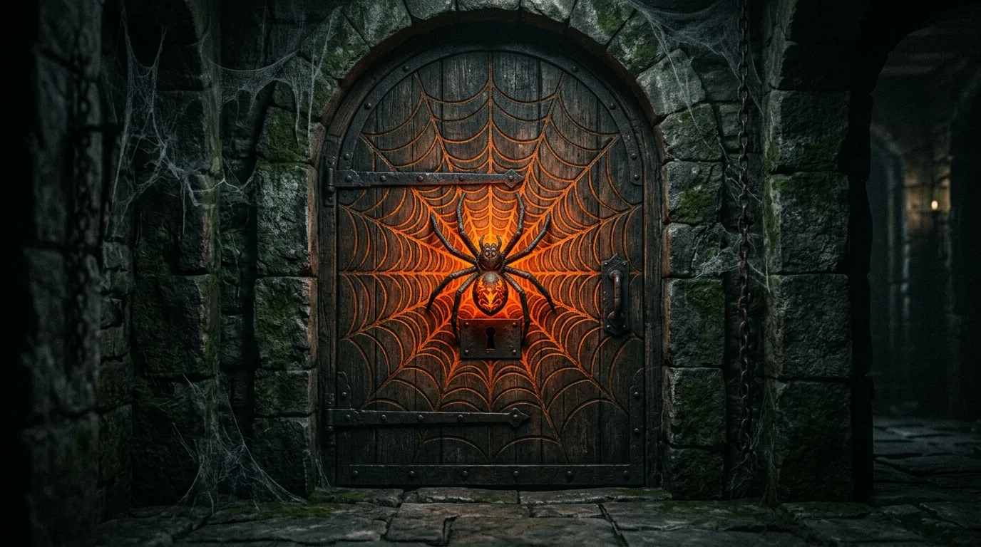 A door with a large spiderweb design and a central oversized spider illuminated with orange lighting creepy focal point no people