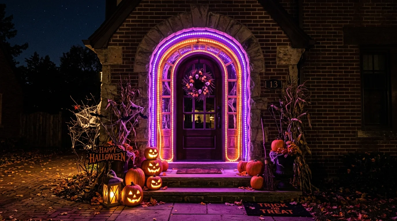 A glowing door frame lined with purple and orange LED lights with subtle Halloween accents bright yet spooky festive entrance no people