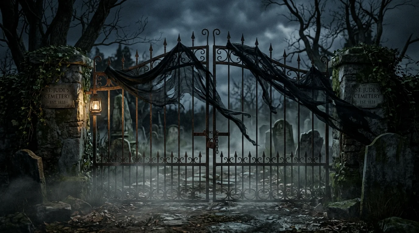 A gate decorated with a tattered black fabric draped loosely and blowing in the wind with eerie fog at the base soft dim lighting haunted graveyard vibe no people