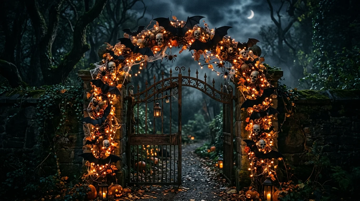A wooden gate painted with a distressed haunted look featuring warning signs and faux scratches dim lighting eerie abandoned feel no people