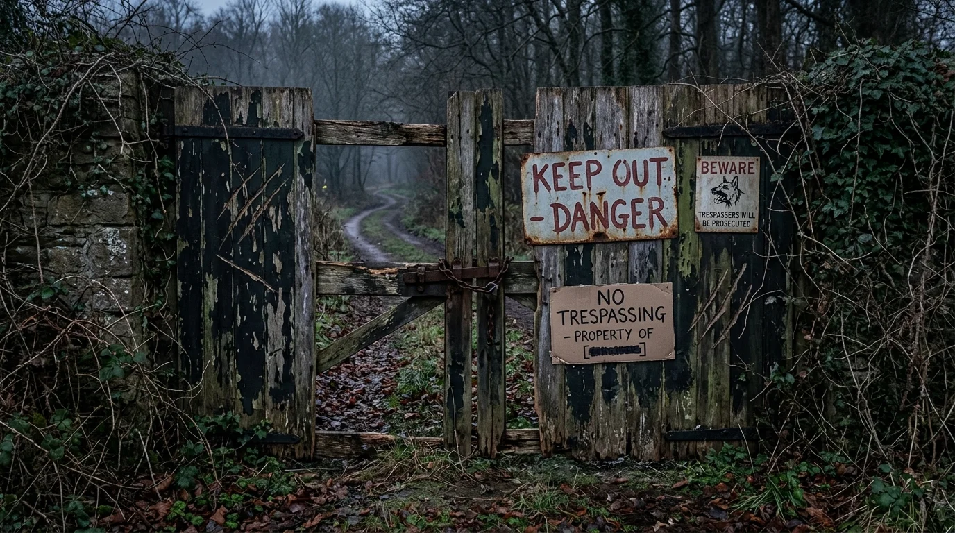 A gate decorated with hanging skeletons and bones swaying gently in the breeze soft low lighting dramatic spooky entrance no people