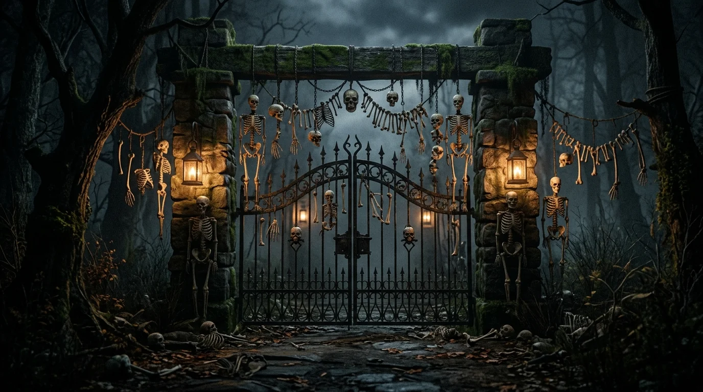 A gothic style gate with black roses dark foliage and skull accents paired with candle lanterns soft lighting elegant haunting decor no people