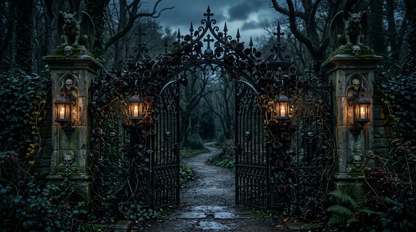 A gate transformed into a giant spiderweb with a large central spider highlighted by orange lighting bold Halloween focal point no people
