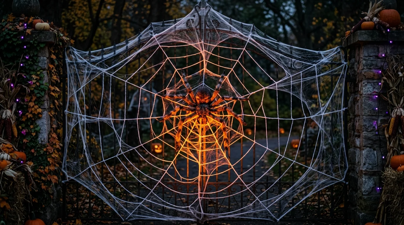 A haunted gate with a fog machine at the base and glowing lanterns on either side soft dim lighting mysterious entrance effect no people