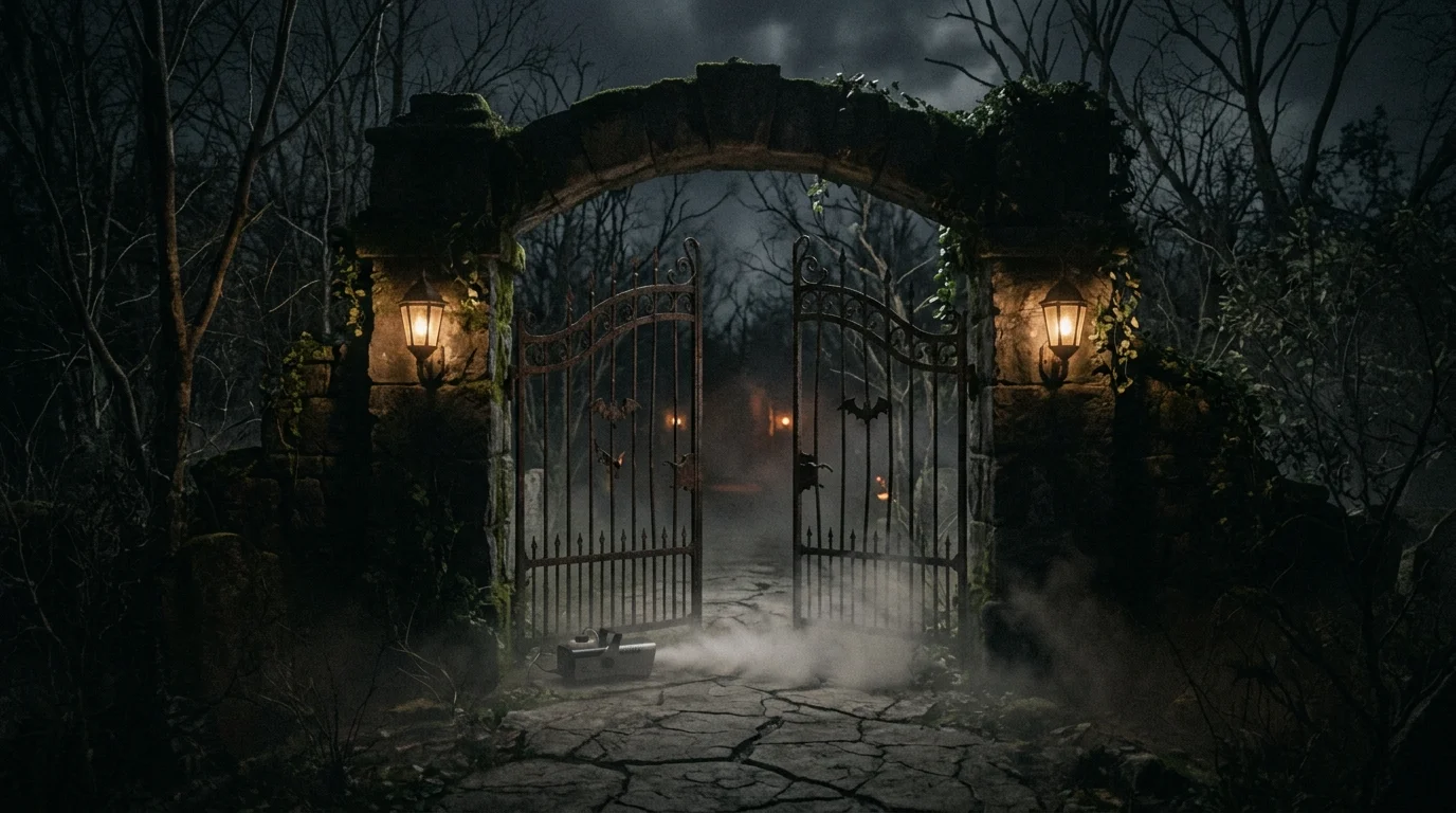 A gate decorated with witch hats and broom accents hanging overhead soft lighting whimsical spooky Halloween theme no people