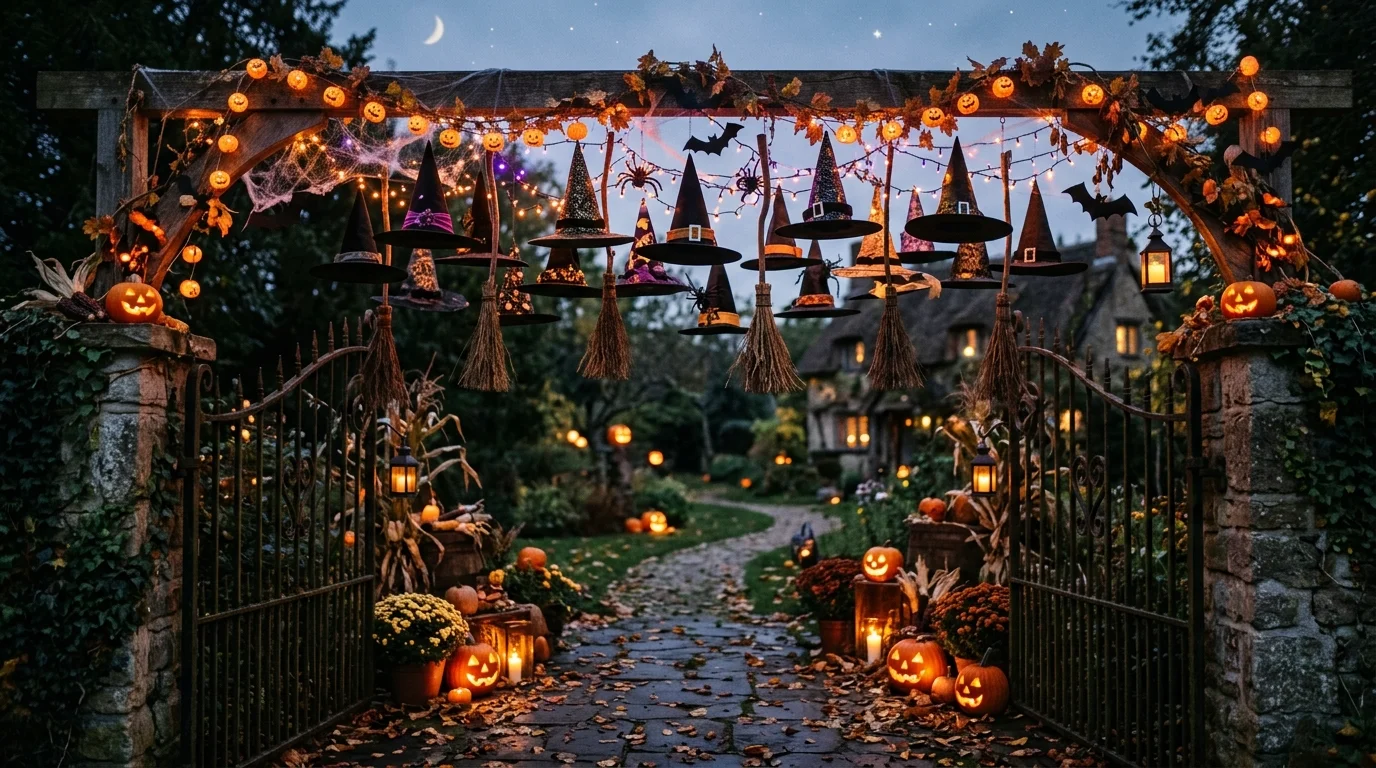 A gate with dripping red paint effect and eerie handprints across the surface dim lighting intense horror decor no people