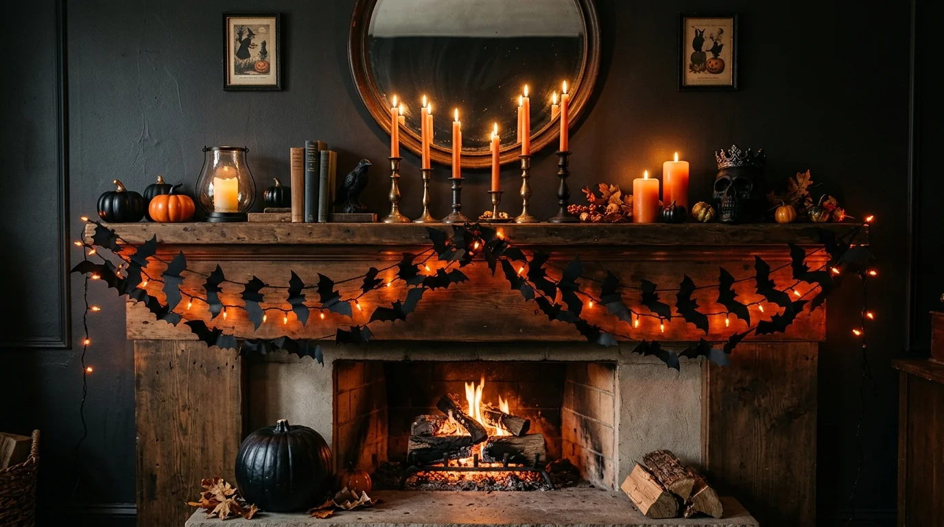 A mantel styled with a garland of black bats flying across the front paired with dim orange string lights eerie festive ambiance no people