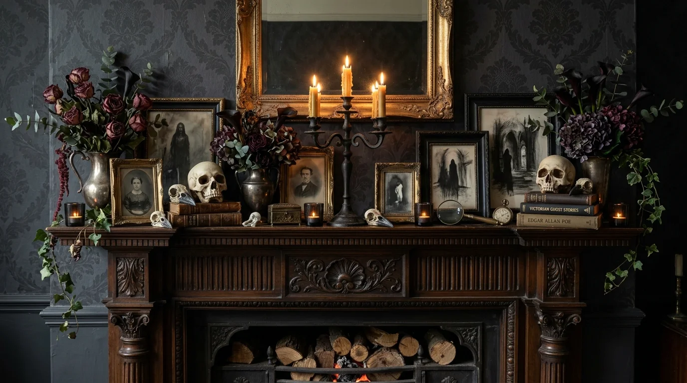 A gothic mantel featuring antique frames dark florals and skull accents with moody lighting creating an elegant haunted vibe no people