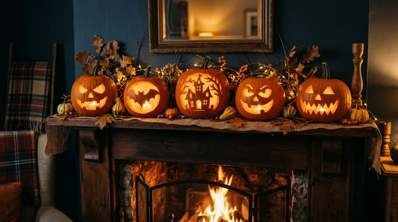 A mantel decorated with a row of carved pumpkins glowing softly with candlelight warm dim lighting classic Halloween charm no people