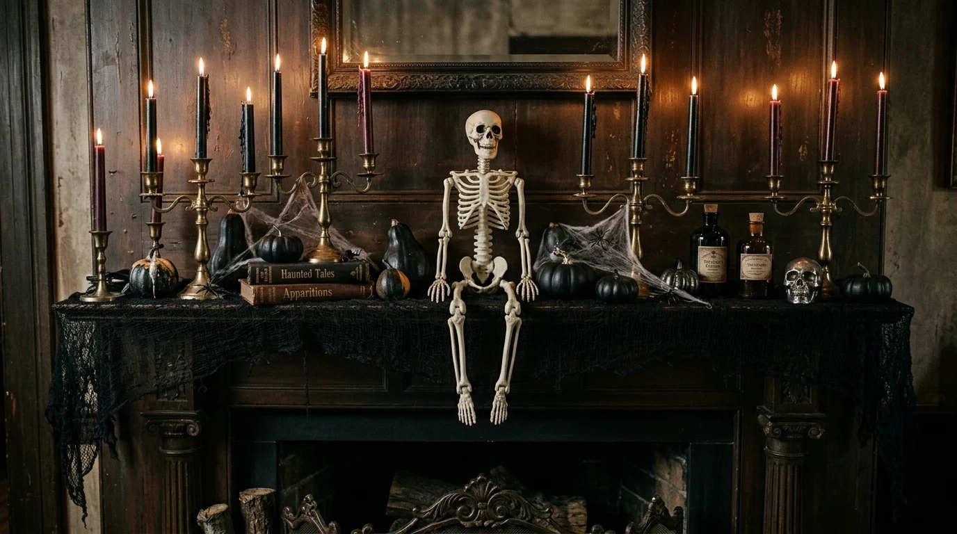 A spooky mantel with a skeleton centerpiece surrounded by candles and black lace draping soft low lighting dramatic haunted display no people