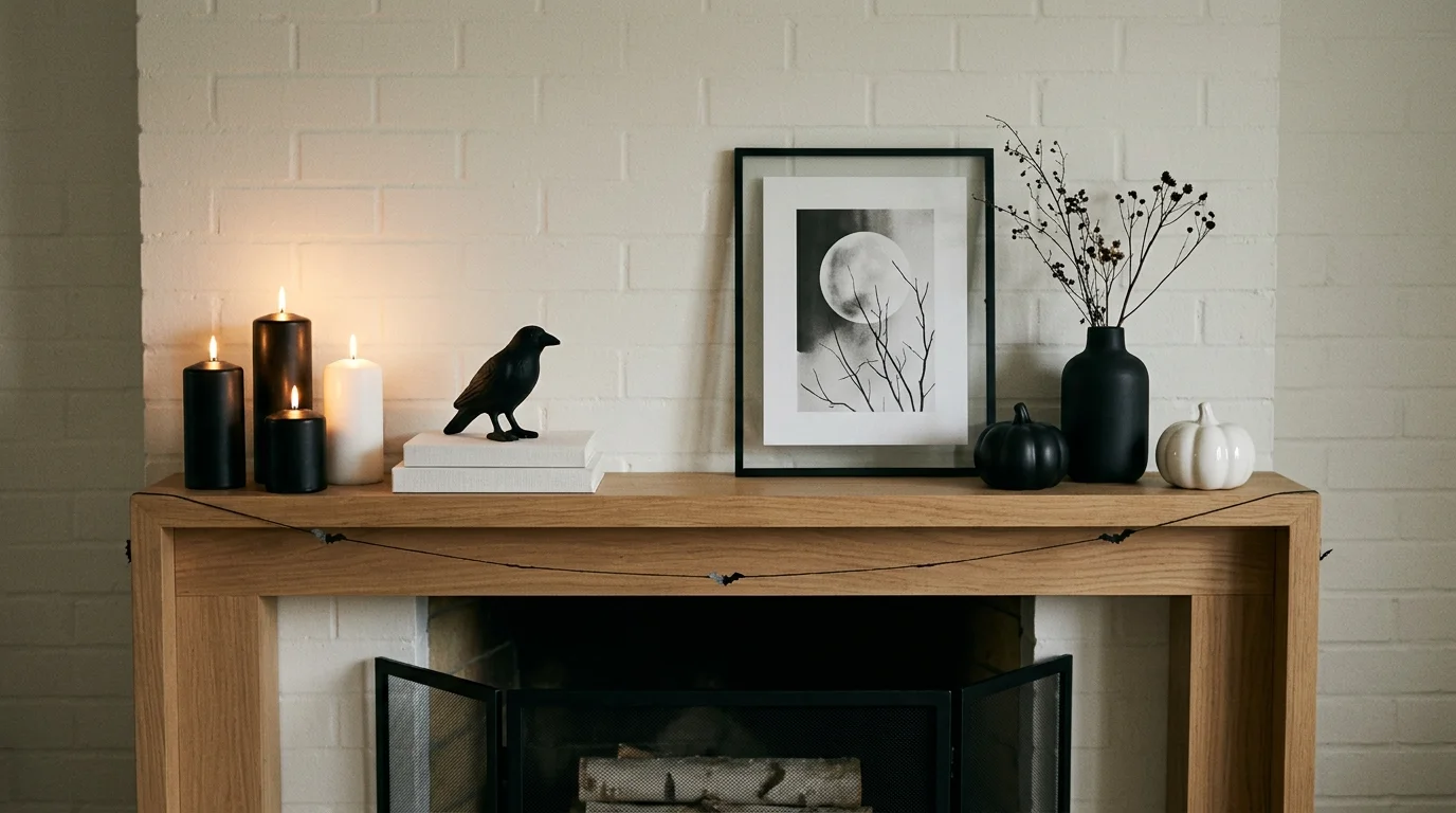 A minimalist mantel with black and white decor including candles and subtle Halloween accents soft lighting clean yet spooky style no people