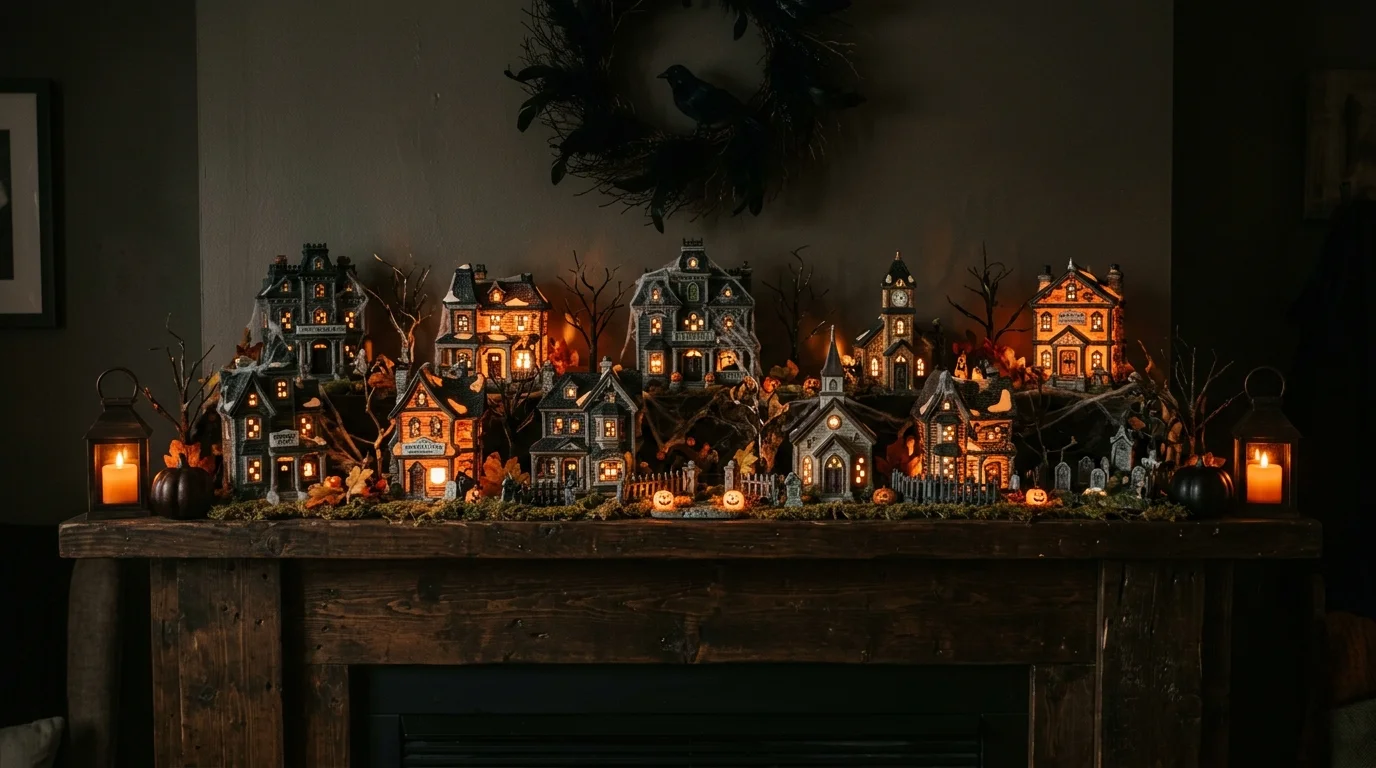 A mantel with a haunted house village display lit from within creating a glowing eerie scene soft dim lighting magical Halloween atmosphere no people