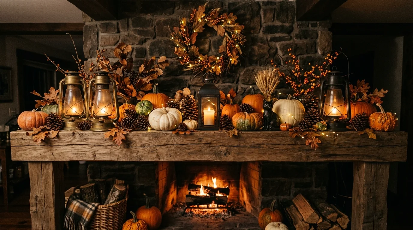 A farmhouse mantel decorated with rustic pumpkins pinecones and lanterns with soft candlelight warm cozy spooky vibe no people