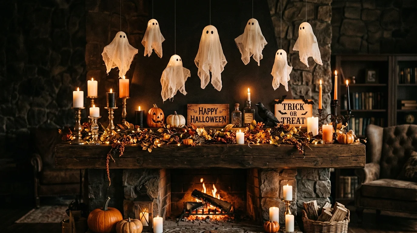 A mantel with floating ghost decorations hanging above and candles below soft lighting whimsical spooky Halloween decor no people