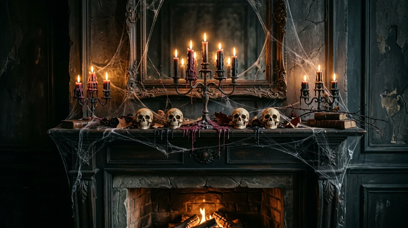 A dark themed mantel with dripping candles spiderwebs and small skulls arranged neatly dim lighting bold dramatic look no people