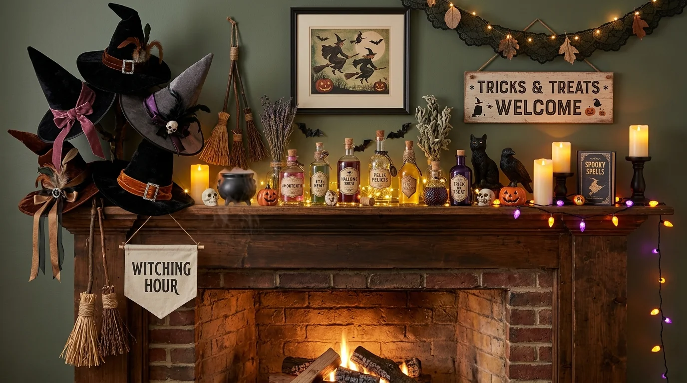 A mantel styled with a witch theme including hats broom accents and potion bottles soft lighting playful spooky aesthetic no people