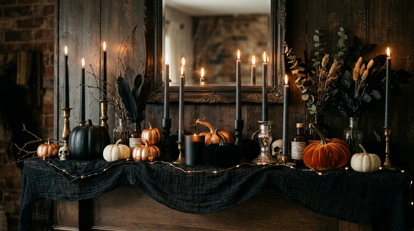 A mantel with layered textures including black gauze fabric candles and pumpkins creating depth soft moody lighting elegant Halloween decor no people