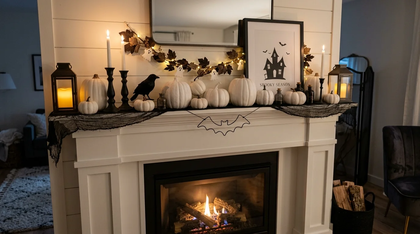 A bright mantel with white pumpkins black accents and subtle Halloween decor pieces balanced with soft lighting modern spooky style no people